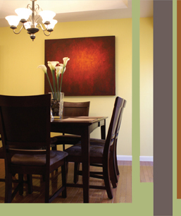 Original art abstract paintings hanging in modern dining room decor.